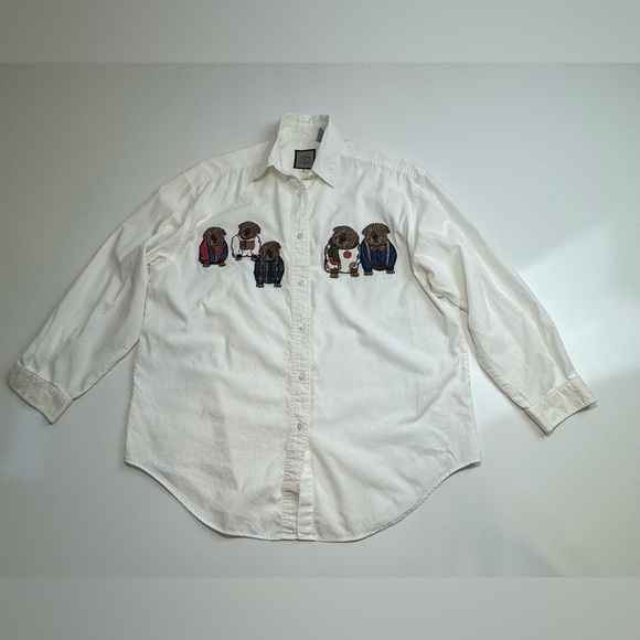 Vintage Gingham Shirt Medium Embroidered Dogs Cotton Androgynous Bulldogs White - Picture 3 of 13